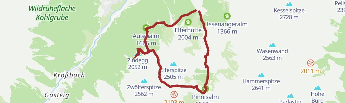 Route map: Elfer Bergstation - Autenalm - Zindegg - Zwölfernieder - Pinnisalm - Elfer Bergstation